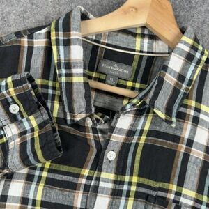 LL Bean Signature Shirt Mens XL Black Plaid 100% Linen Slim Fit Long Sleeve